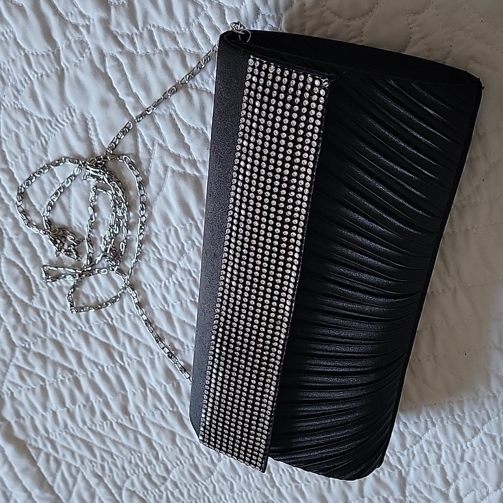 Elegant Black Pleated Satin Evening Clutch-Silver Rhinestone Flap & Chain Strap